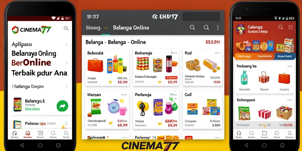 Antarmuka aplikasi CINEMA77 menampilkan berbagai produk Belanja Online.