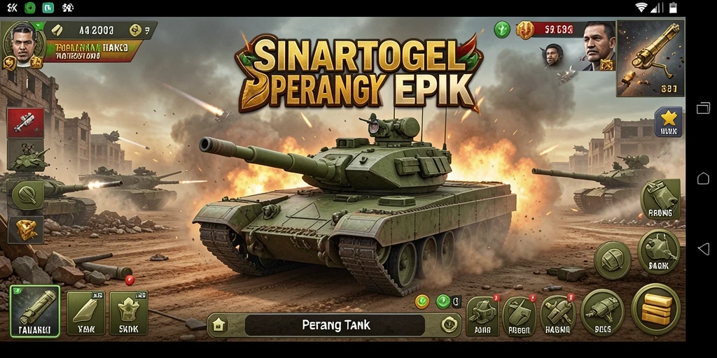 Tangkapan layar antarmuka SINARTOGEL dengan aksi pertempuran tank.